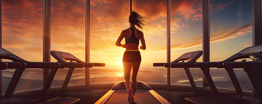 Woman is running on treadmill in sunset light.