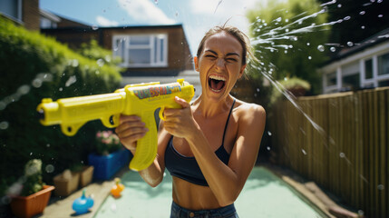 Girl playing with a water gun in her front yard on a warm summer afternoon