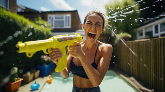 Girl playing with a water gun in her front yard on a warm summer afternoon