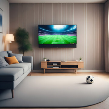 TV with Soccer Match on Big Flat Screen Televison Set. Live Broadcast of Football World Championship Finals on Sports Channel. Stylish Apartment Living Room