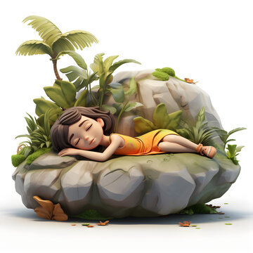 Cartoon of girl sleeping on the stone 