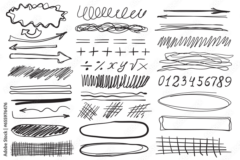 Aufkleber doodle objects mega set in flat cartoon design. bundle of ink line arrows, numbers, plus, equal, div