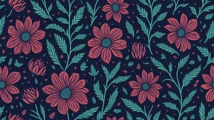 Tuinposter seamless pattern of pink blossoms on navy © mehedi