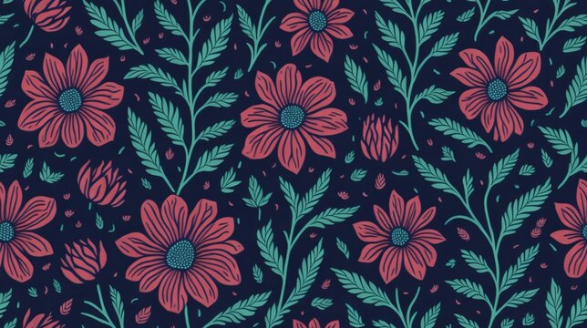seamless pattern of pink blossoms on navy