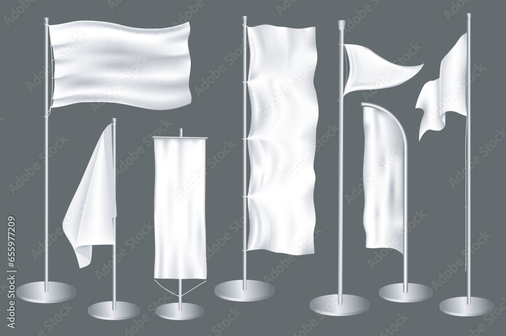 Leinwandbilder outdoor banners mega set in 3d realistic design. bundle elements of white empty mockups of flags and