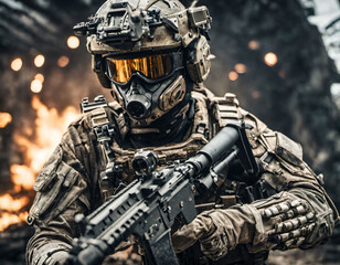 A cyborg soldier fighting in a warzone trail cam footage, photorealistic, hype ornate details, photographed, bokeh, particles, ultra detail generative AI