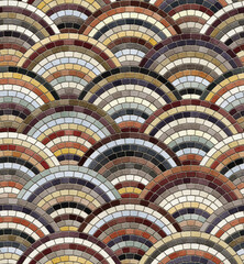 Traditional mosaic with multicolored rectangle tiles arranged in concentric wavy arched lines. Cobblestone style pavement in blue, yellow, and brown. Seamless repeating pattern.