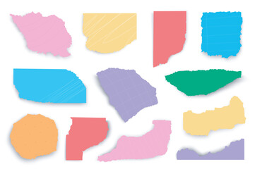 Torn papers mega set in 3d realistic design. Bundle elements of different types of bright colorful ripped notebook pages and strips with ragged edges. Vector illustration isolated graphic objects