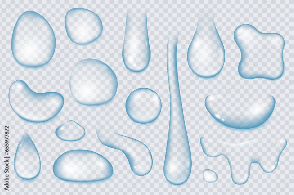 Fototapete Water drops mega set in 3d realistic design. Bundle elements of different types of rain droplets, pure condensation, tear and fresh dew on transparent. Vector illustration isolated graphic objects