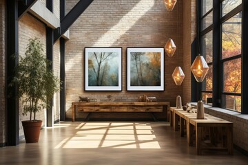 Fototapeta premium modern industrial hallway with light natural materials with modern art on the walls