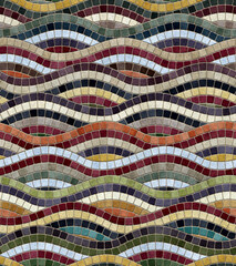 Multicolored mosaic floor with square tiles arranged in parallel wavy lines. Abstract waves. Pebble in brown, orange, and green. Seamless geometric pattern.