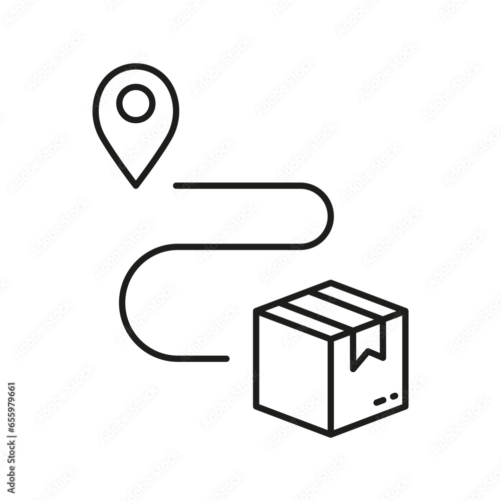 Poster parcel location linear pictogram. pin on map with box, shipment distance outline symbol. delivery se