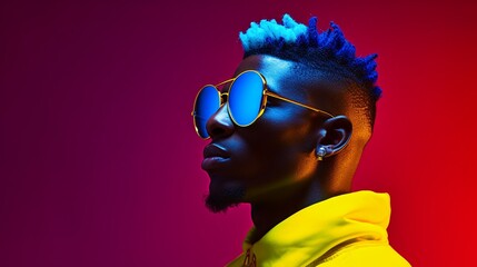 Yellow and purple neon lighted portrait of young and sexy Arican American man with stylish sunglasses in high colored jacket, colorful short curly hair, with copy space. - obrazy, fototapety, plakaty
