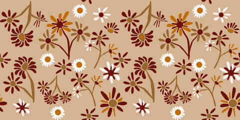 Seamless pattern with daisy flower hand-drawn plants, simple small flowers. Flowers Branches and Leaves Repeating Seamless pattern hand-drawn with tropical leaves. floral seamless pattern with leaves