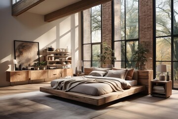 modern industrial master bedroom with light natural materials with modern art on the walls