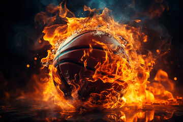 Fiery flaming burning ball, basketball concept, three-point shot and winning the game