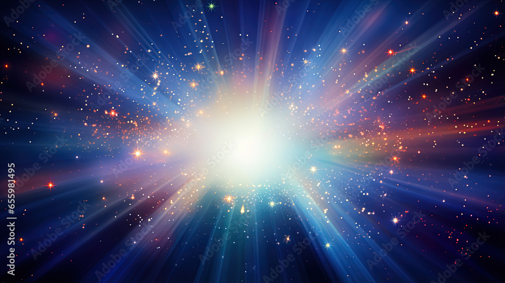 Poster abstract backgound with blue and orange light rays. god rays or light burst with bokeh.