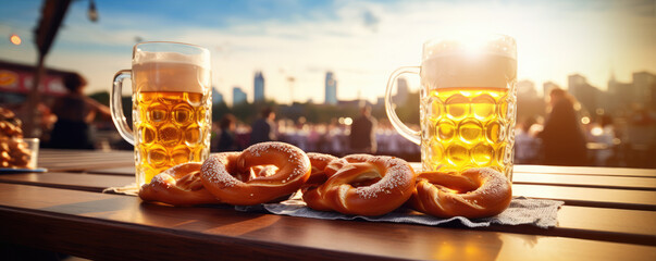bavarian oktoberfest pretzels on wooden table with beer from Germany. - obrazy, fototapety, plakaty