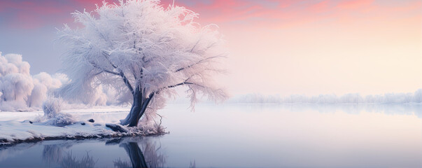 Beautiful winter scenery and ice in color sunset lights. wide banner