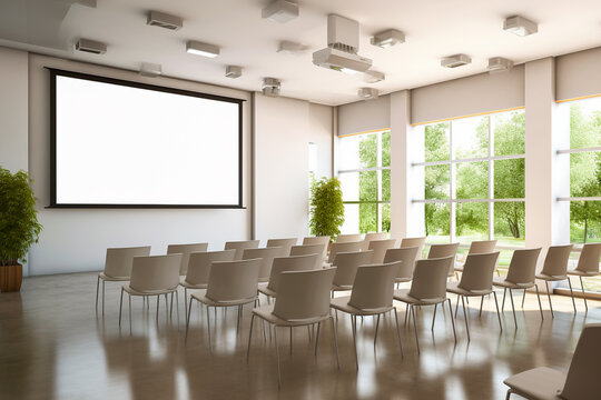 Empty auditorium, conference room or lecture hall. Light furniture, big white mockup board and panoramic windows. Educational concept. AI generative.