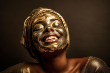 Beautiful happy black woman with facial mask, beauty spa and body care, golden clay face mask