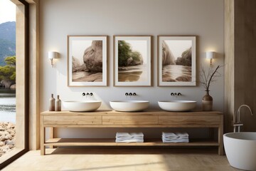 modern luxury bathroom with light natural materials with modern art on the walls