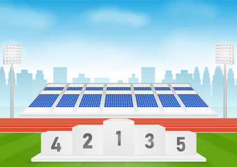 Sport Winner Podium for Five Places on Soccer Field and Running Track in Stadium.  Pedestal Sport Podiums. Podium Winner Stand. Vector Illustration.
