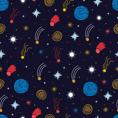 Astral seamless surface pattern. Spiritual astronomical objects. Cosmic stars, meteors, galaxies in space. Allover mystic celestial texture background
