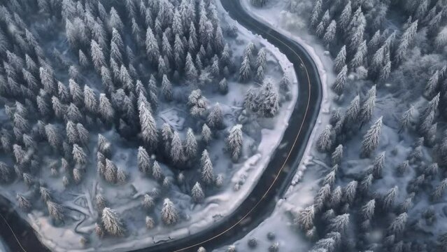 Winter scenery with curvy windy road in snowing covered forest. animation background