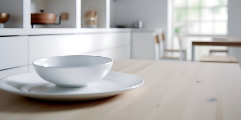 Fototapeta na wymiar Empty white plates on kitchen table. Space for product, text, advertising, branding