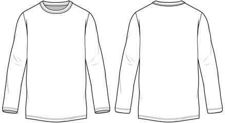 Men's long sleeve Crew neck T Shirt flat sketch fashion illustration drawing template mock up with front and back view