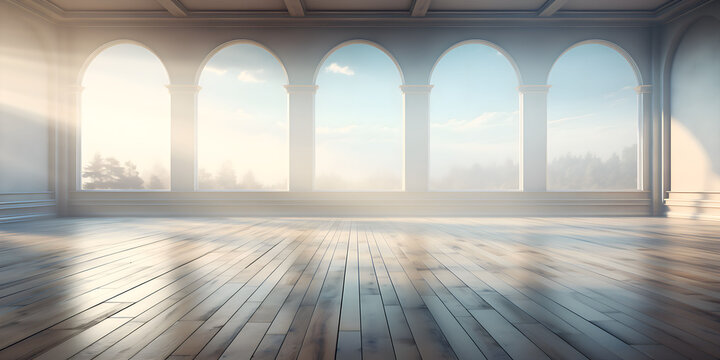 Large white room with large windows, morning sunlight. Space for text, advertising