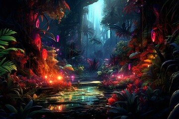 Captivating digital artwork of a vibrant neon jungle illuminated from within. Generative AI