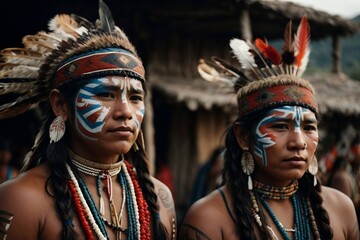 native aborigines with painted faces and typical clothing, ancestral tribe, typical local culture, preservation of origins