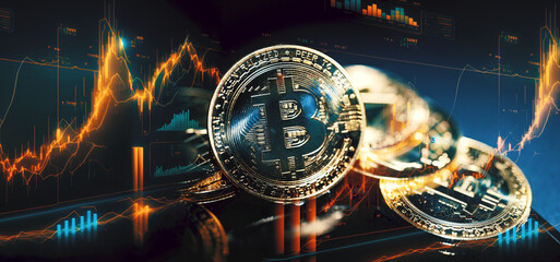 Criptomonedas y tecnología.
Monedas de oro Bitcoin sobre fondo de gráficos de acciones futuristas...