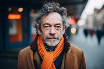 Portrait of a senior man with gray hair and orange scarf in the city.