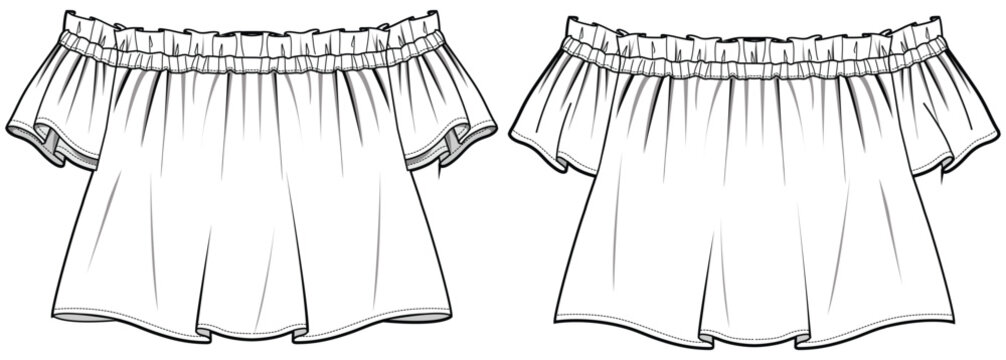 Women bardot ruffle blouse top design flat sketch fashion illustration drawing with front and back view. off shoulder Crop top blouse drawing vector template