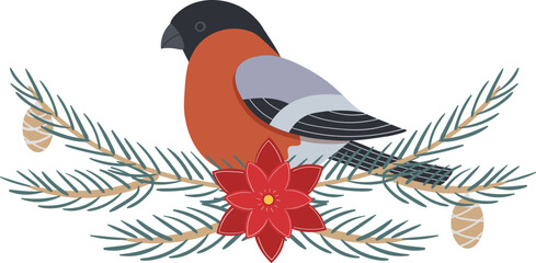 A bullfinch on a spruce branch. New Year illustration in flat style. Bird on a branch.