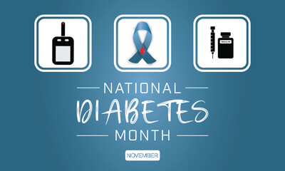 National Diabetes Month design with diabetes element such as blue ribbon, glucose test kit, and insulin syringe pen. Vector illustration - Powered by Adobe
