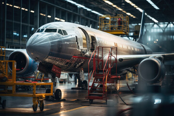 Aircraft in the airplane factory. Aircraft construction, manufacturing. - obrazy, fototapety, plakaty