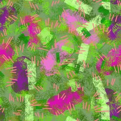 Seamless pattern of abstract pink and green elements on a green background for textile.