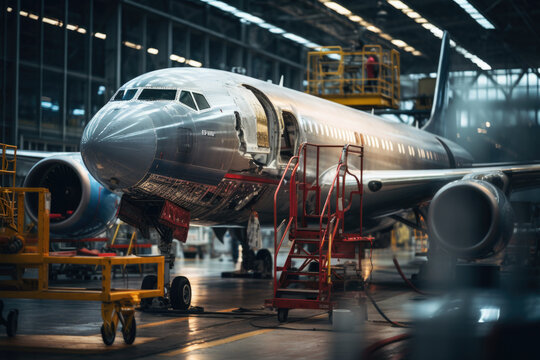 Aircraft in the airplane factory. Aircraft construction, manufacturing.