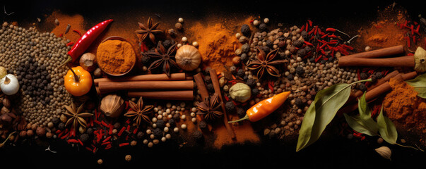 Variety of spices and herbs on dark table. top view spices concept. - obrazy, fototapety, plakaty