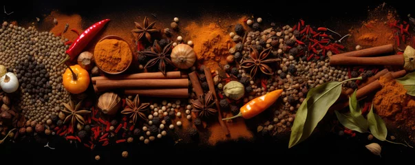 Fototapeten Variety of spices and herbs on dark table. top view spices concept. © Michal