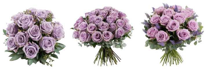 Large flower arrangement or bouquet with many lavender roses isolated on transparent background...