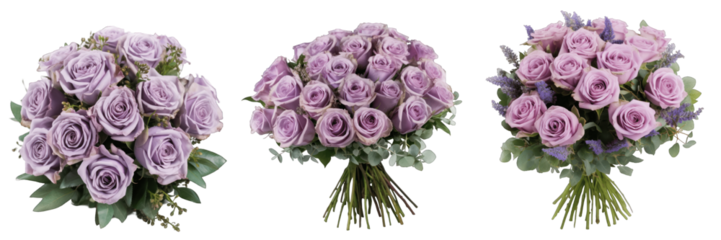 Large flower arrangement or bouquet with many lavender roses isolated on transparent background generative ai