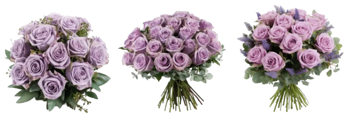 Selbstklebende Fototapeten Large flower arrangement or bouquet with many lavender roses isolated on transparent background generative ai © Hixel