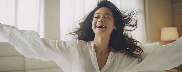 Happy asian woman relax in hotel room. - Powered by Adobe