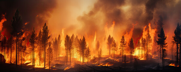 Fototapeta na wymiar Huge flames of fire in big forest.