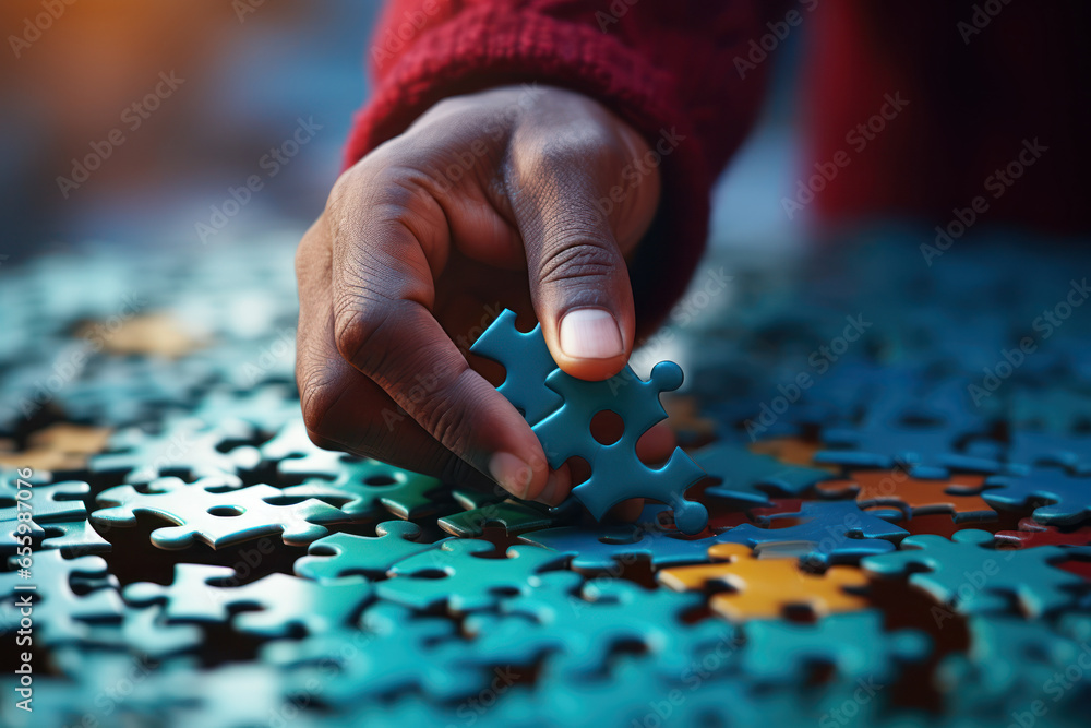 Poster a close-up of a person's hand holding a single puzzle piece, emphasizing the importance of human con